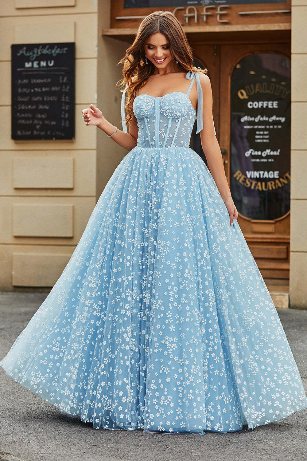 Leely Women Sky Blue Long Corset Prom Dress With Adjustable Straps A Line Beaded Formal Dress