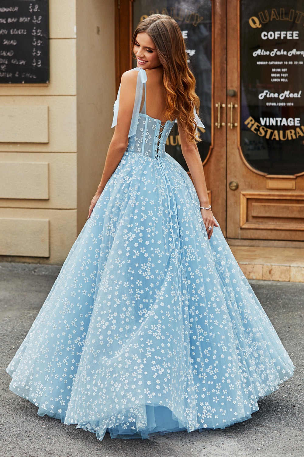 Sky Blue A Line Beaded Long Corset Prom Dress With Adjustable Straps
