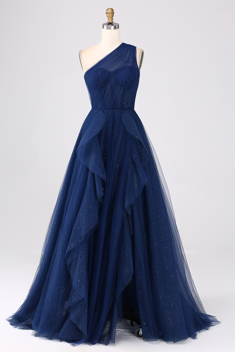 Dark Green Tulle A-Line One-Shoulder Long Prom Dress