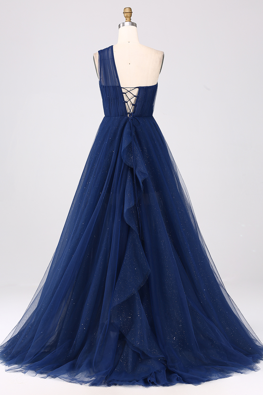 Dark Green Tulle A-Line One-Shoulder Long Prom Dress