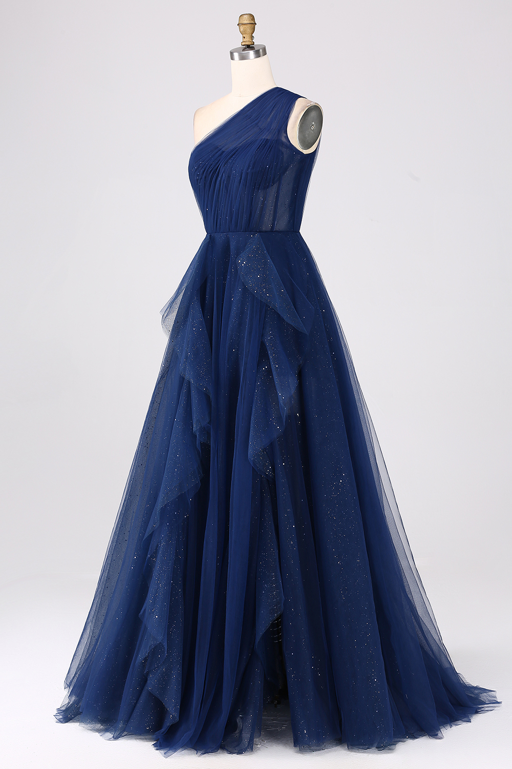 Dark Green Tulle A-Line One-Shoulder Long Prom Dress