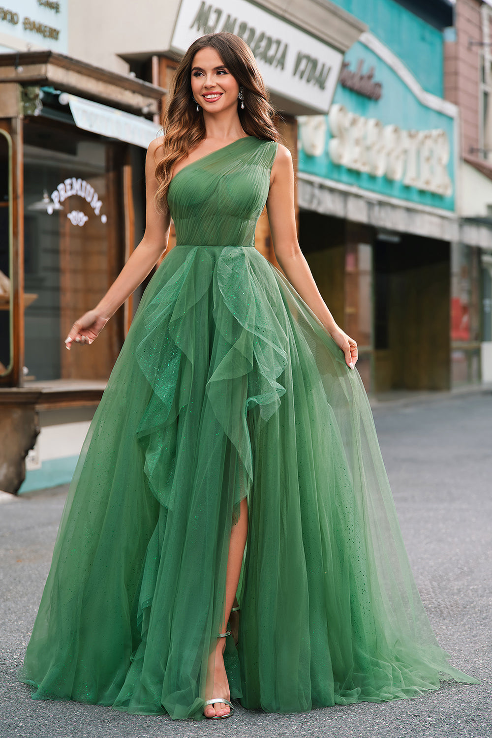Leely Women Glitter Dark Green One Shoulder Ball Gown Pleated Tulle Ruffled Prom Dress with Slit