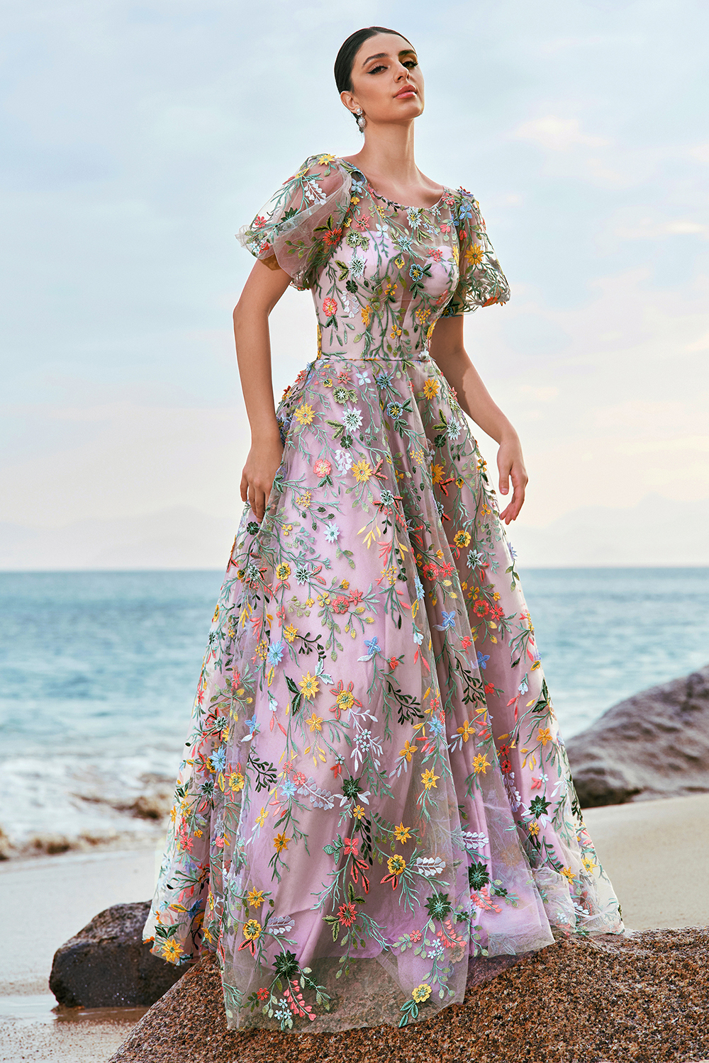 Princess Mauve Corset A-Line Applique Tulle Prom Dress