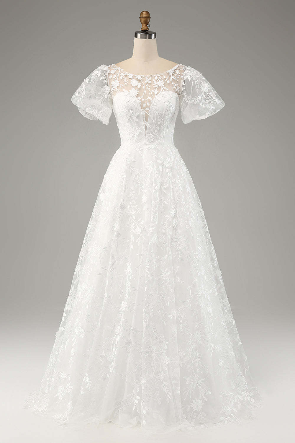 Leely Women Ivory A-Line Scoop Neckline Puff Sleeves Wedding Dress with Appliques