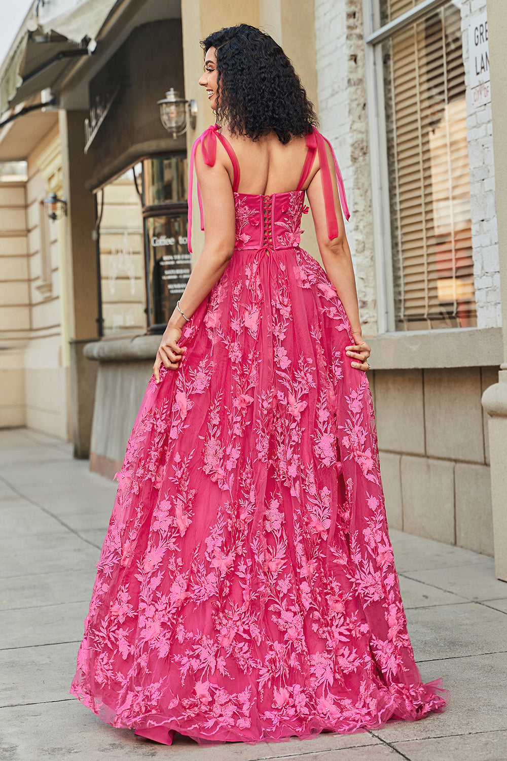 Hot Pink A Line Spaghetti Straps Tulle Long Prom Dress With Slit