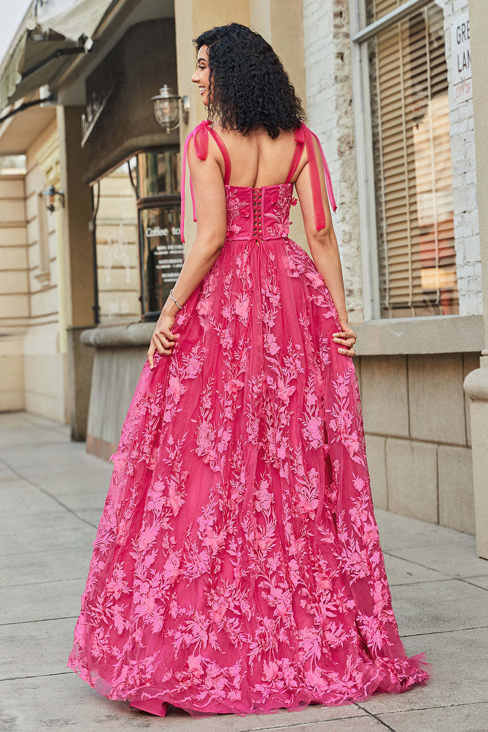 Hot Pink A Line Spaghetti Straps Tulle Long Prom Dress With Slit
