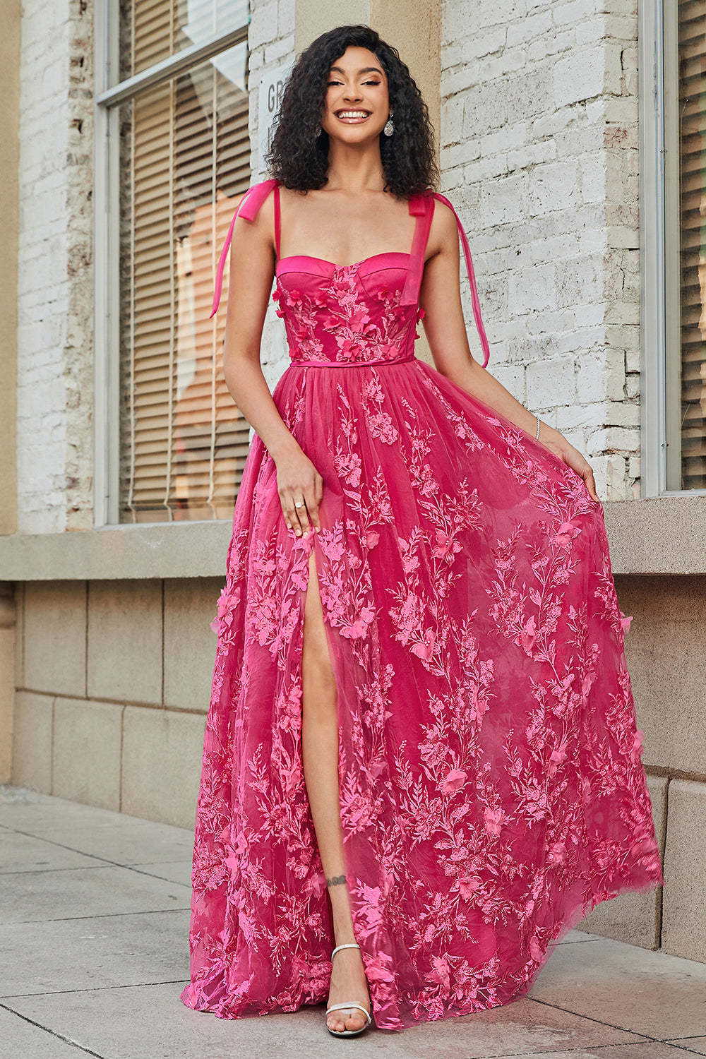Leely Women Hot Pink Long Prom Dress With Slit A Line Spaghetti Straps Tulle Formal Dress