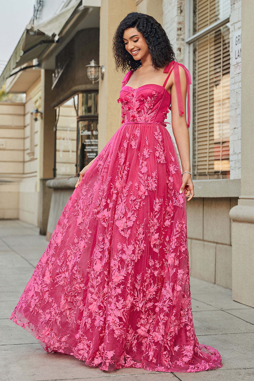 Hot Pink A Line Spaghetti Straps Tulle Long Prom Dress With Slit
