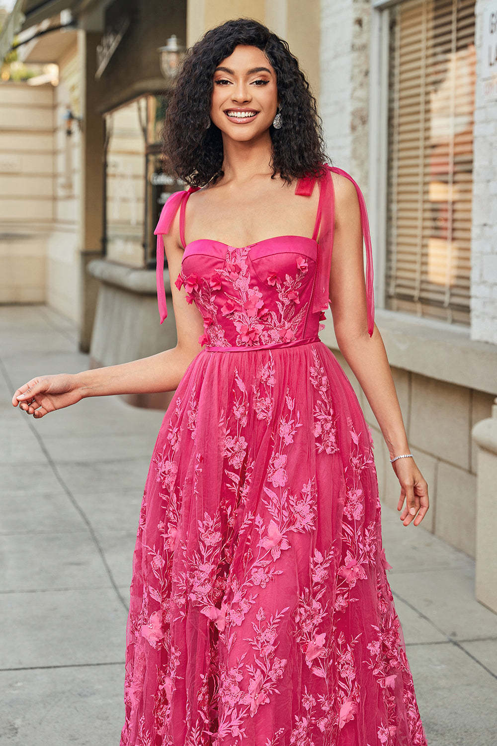 Hot Pink A Line Spaghetti Straps Tulle Long Prom Dress With Slit