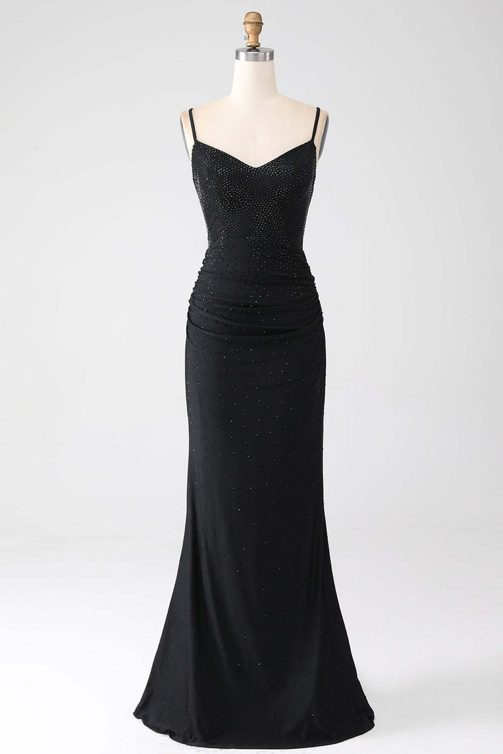 Leely Women Mermaid Black Beaded Prom Dress with Ruffles Spaghetti Straps Formal Dress