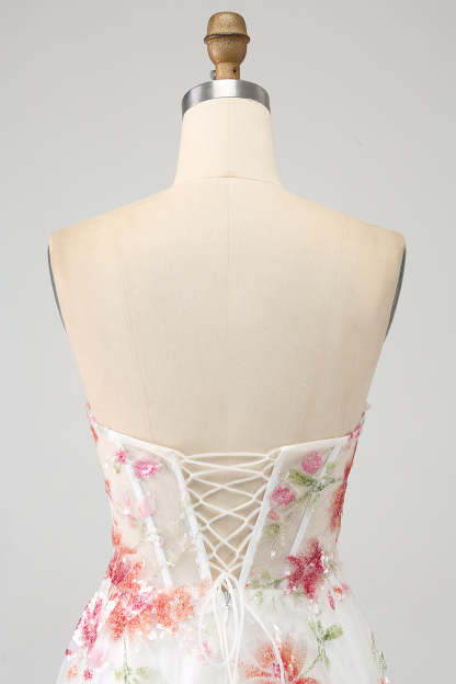 Ivory Sweetheart Embroidered Long Corset Prom Dress with Slit