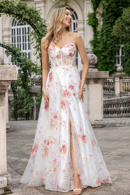 Ivory Sweetheart Embroidered Long Corset Prom Dress with Slit