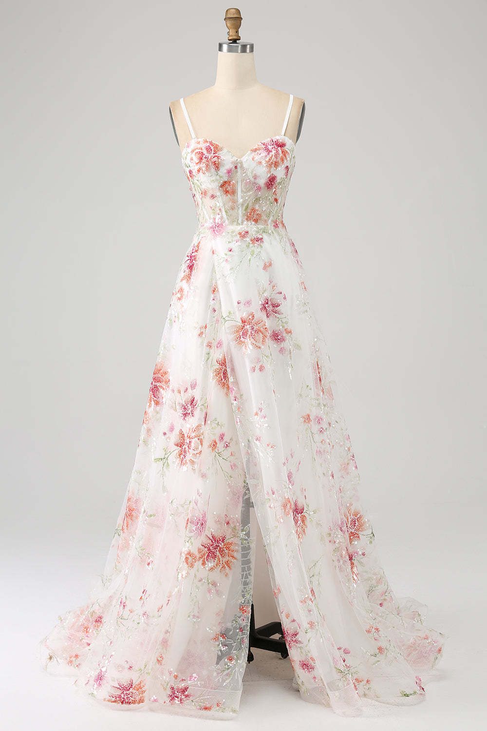 Leely Women Ivory Flower Embroidered Long Corset Prom Dress with Slit Spaghetti Straps Party Dress