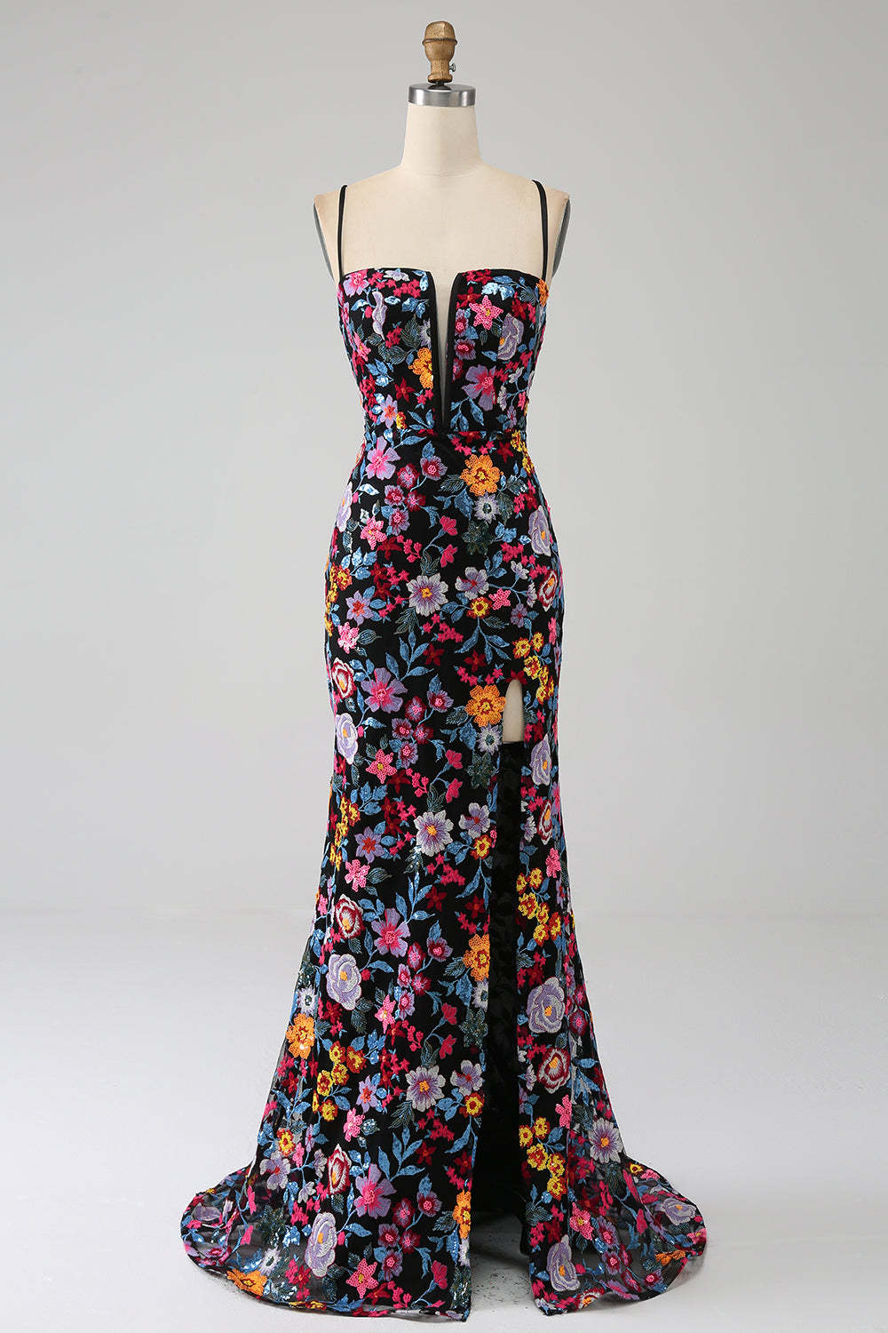 Leely Women Mermaid Prom Dress Spaghetti Straps Black Flower Embroidered Party Dress With Side Slit