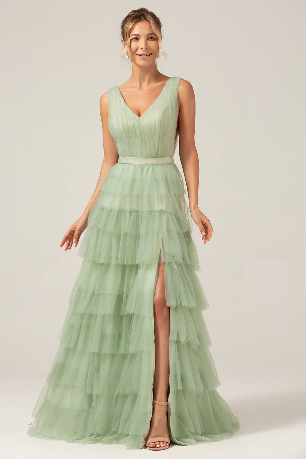 Leely Women Grey Green Long Bridesmaid Dress A Line Pleated Tiered Tulle Wedding Guest Dress with Slit