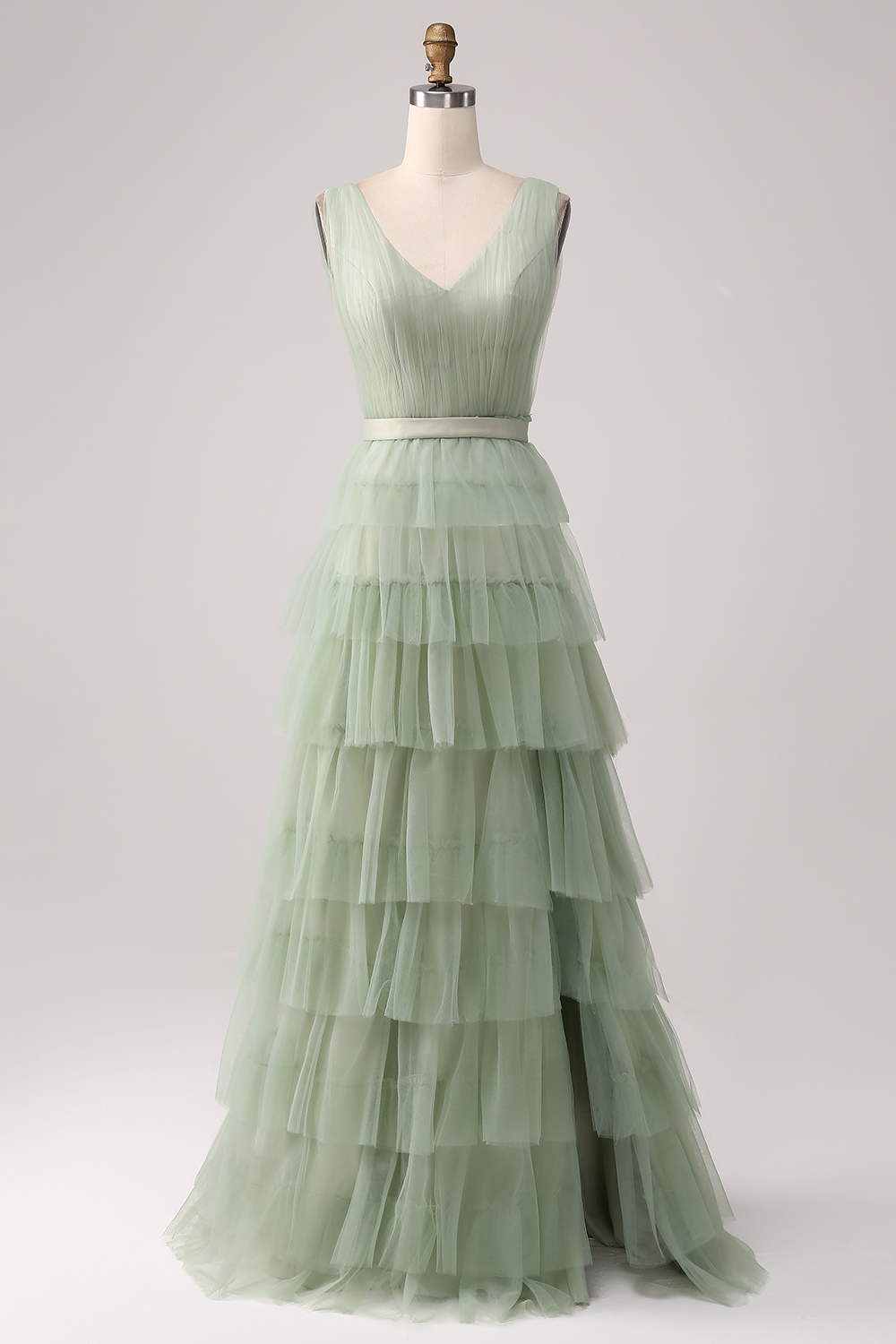 Pleated Tiered Green V Neck Bridesmaid Dress with Slit