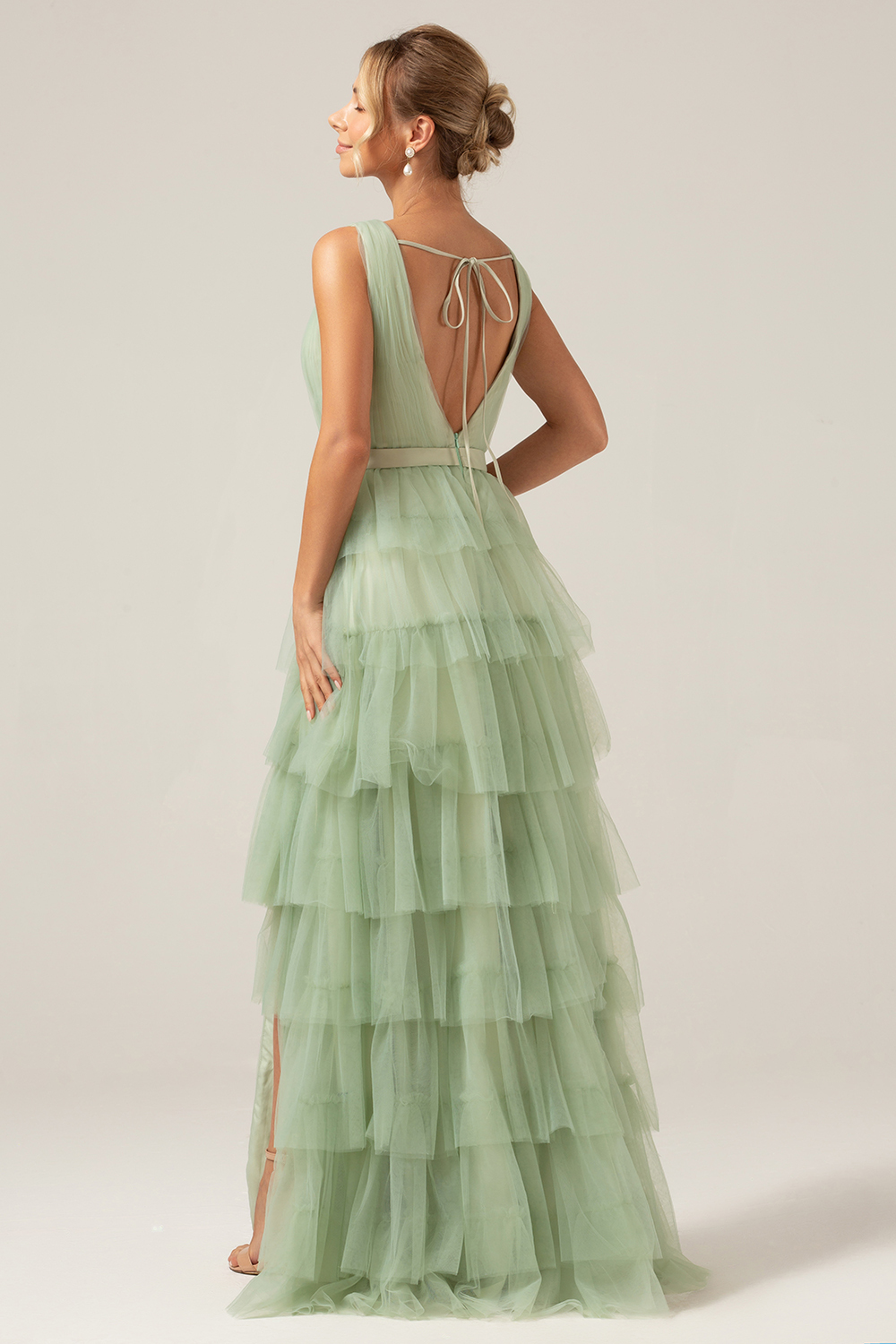 A Line Pleated Tiered Green V Neck Bridesmaid Dress with Slit