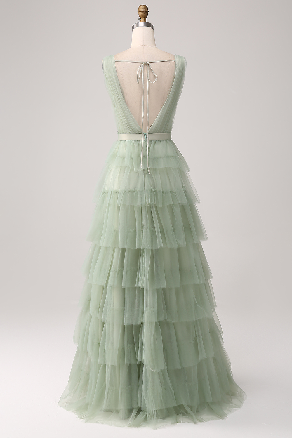 Pleated Tiered Green V Neck Bridesmaid Dress with Slit