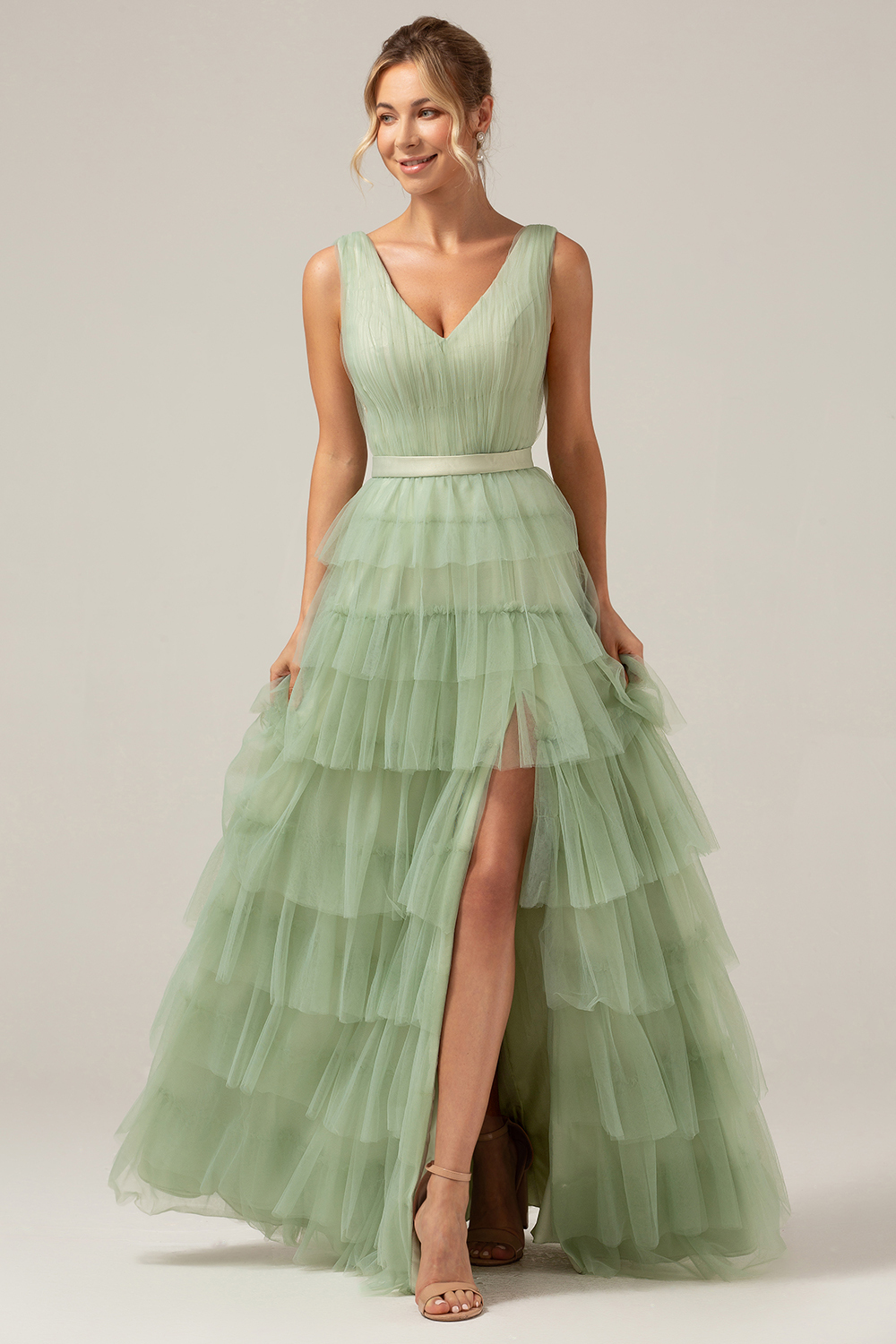 Grey Green A Line Pleated Tiered V Neck Bridesmaid Dress with Slit