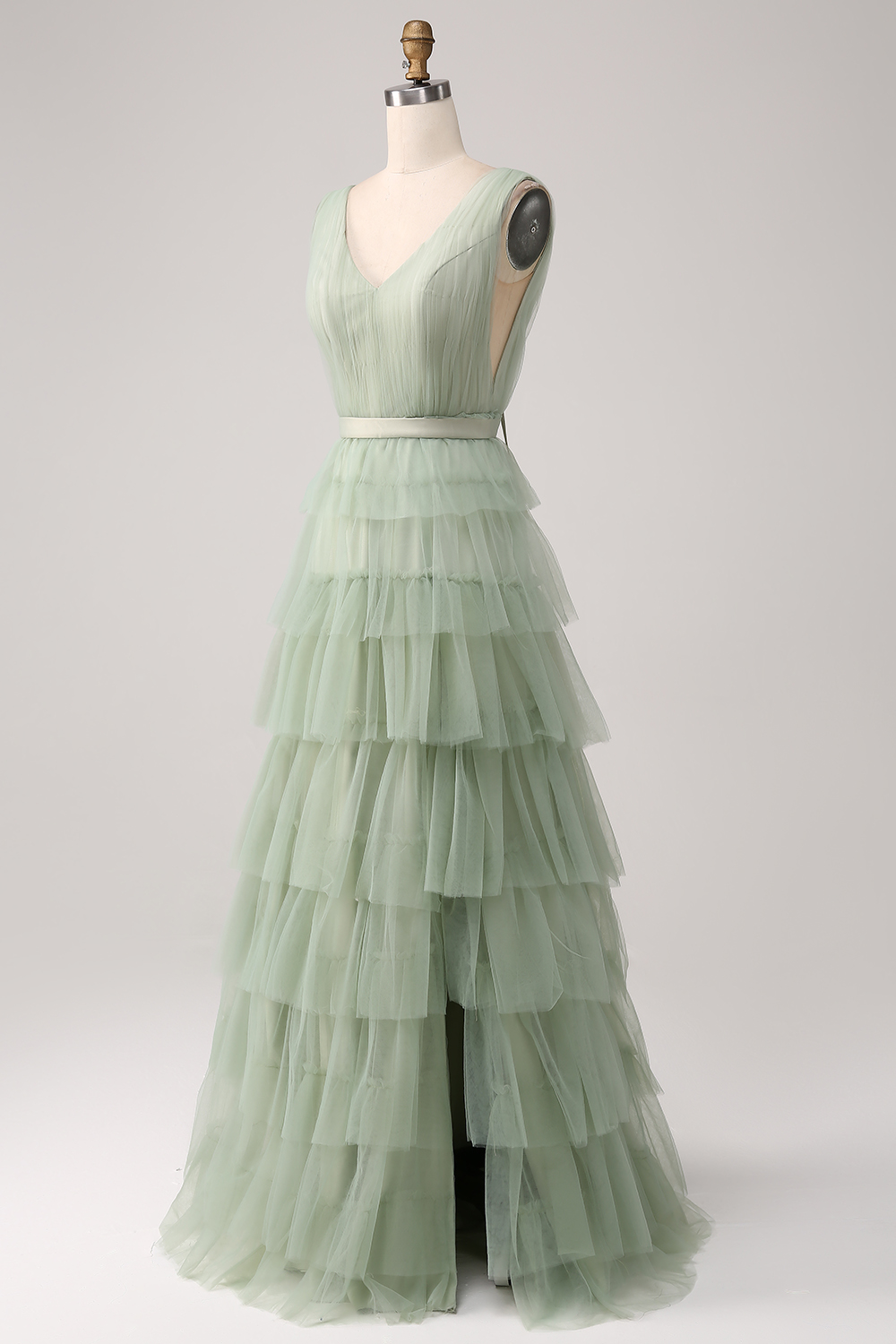 Pleated Tiered Green V Neck Bridesmaid Dress with Slit