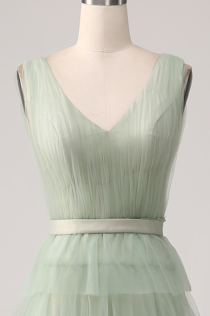 Pleated Tiered Green V Neck Bridesmaid Dress with Slit