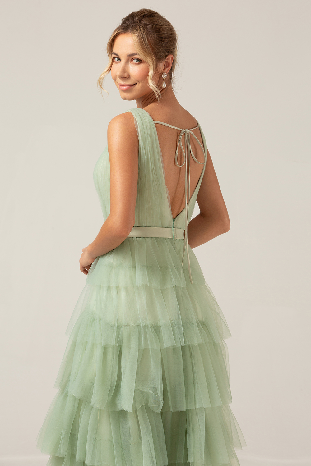 Grey Green A Line Pleated Tiered V Neck Bridesmaid Dress with Slit