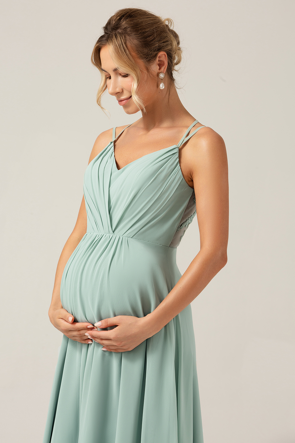 A-Line Matcha Spaghetti Straps Backless Maternity Bridesmaid Dress