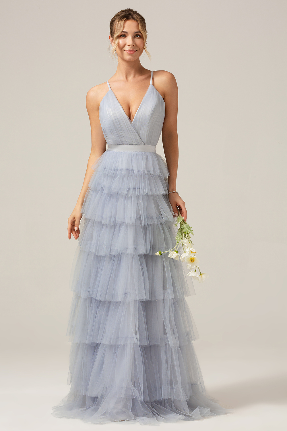 A Line Spaghetti Straps Tiered Dusty Blue Bridesmaid Dress