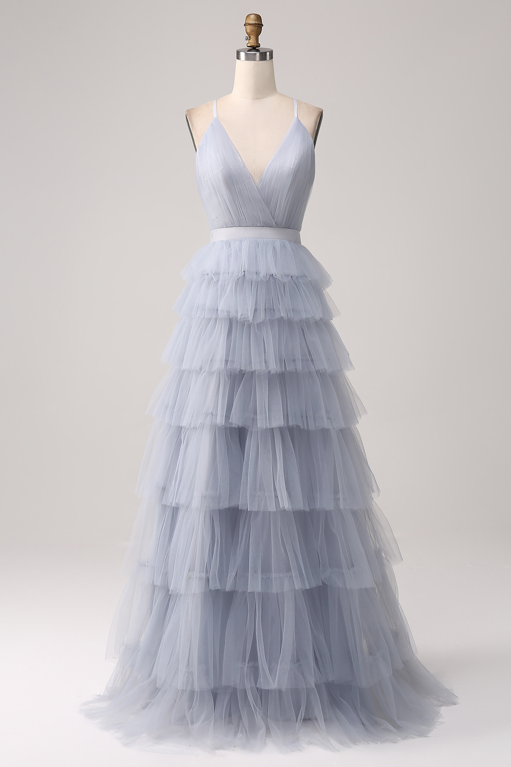 A Line Spaghetti Straps Tiered Dusty Blue Bridesmaid Dress