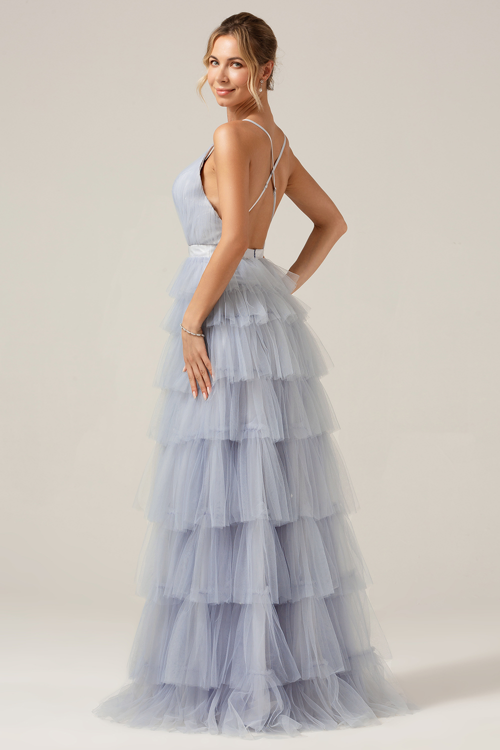 A Line Spaghetti Straps Tiered Dusty Blue Bridesmaid Dress