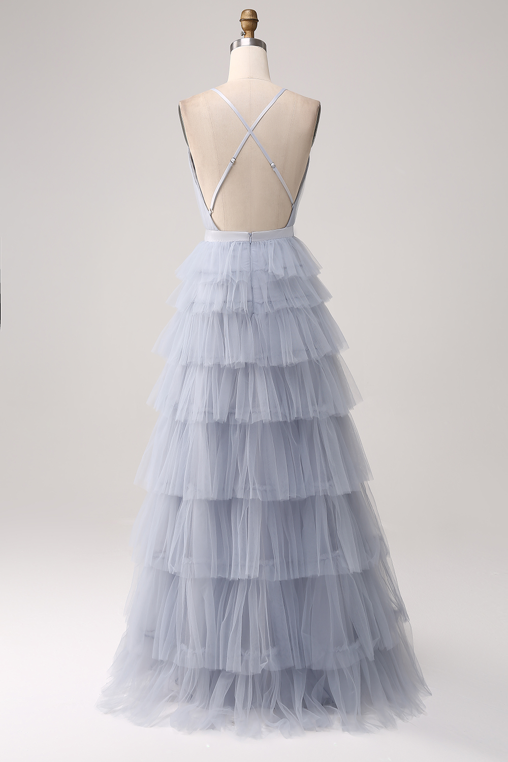 A Line Spaghetti Straps Tiered Dusty Blue Bridesmaid Dress
