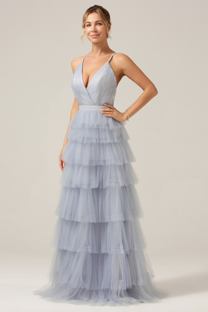 Dusty Blue A Line Spaghetti Straps Tiered Tulle Backless Bridesmaid Dress