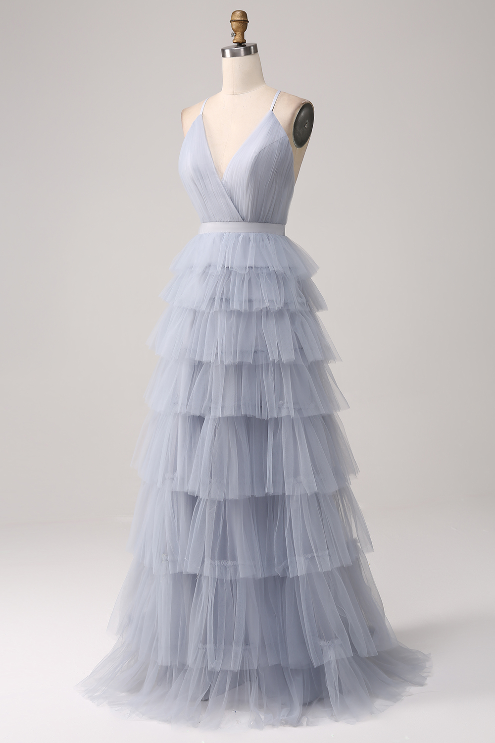A Line Spaghetti Straps Tiered Dusty Blue Bridesmaid Dress