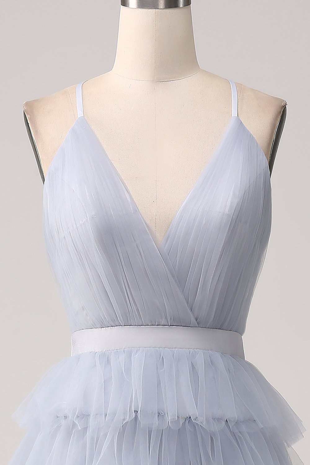 A Line Spaghetti Straps Tiered Dusty Blue Bridesmaid Dress