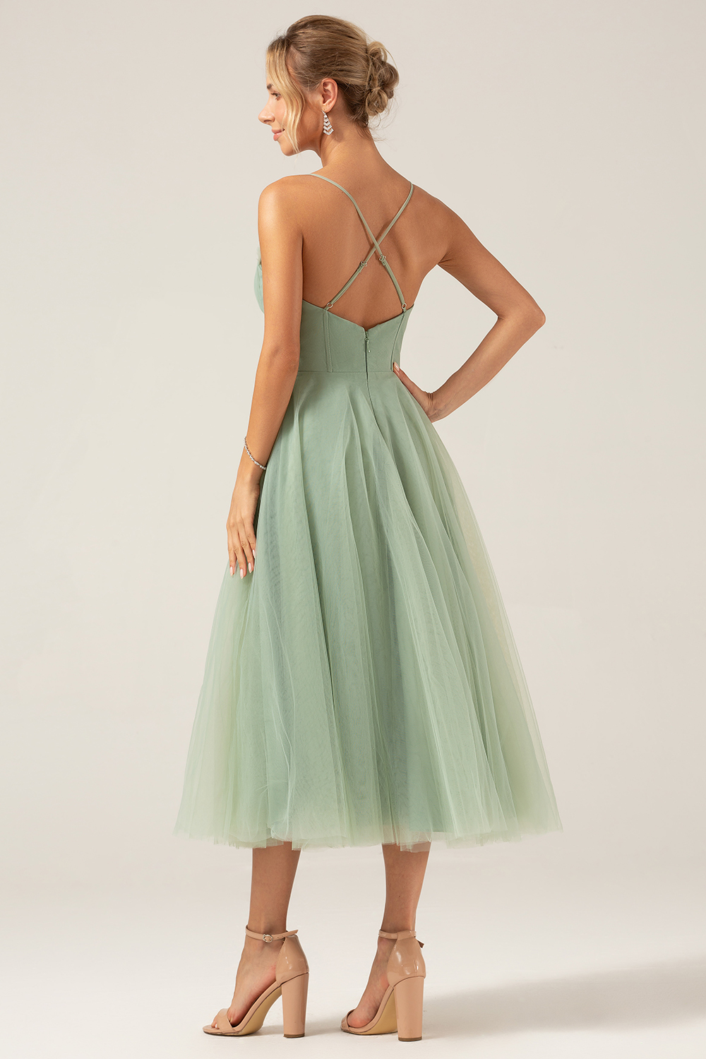 A-Line Matcha Tea-Length Spaghetti Straps Corset Tulle Bridesmaid Dress