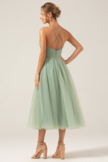 A-Line Matcha Tea-Length Spaghetti Straps Corset Tulle Bridesmaid Dress