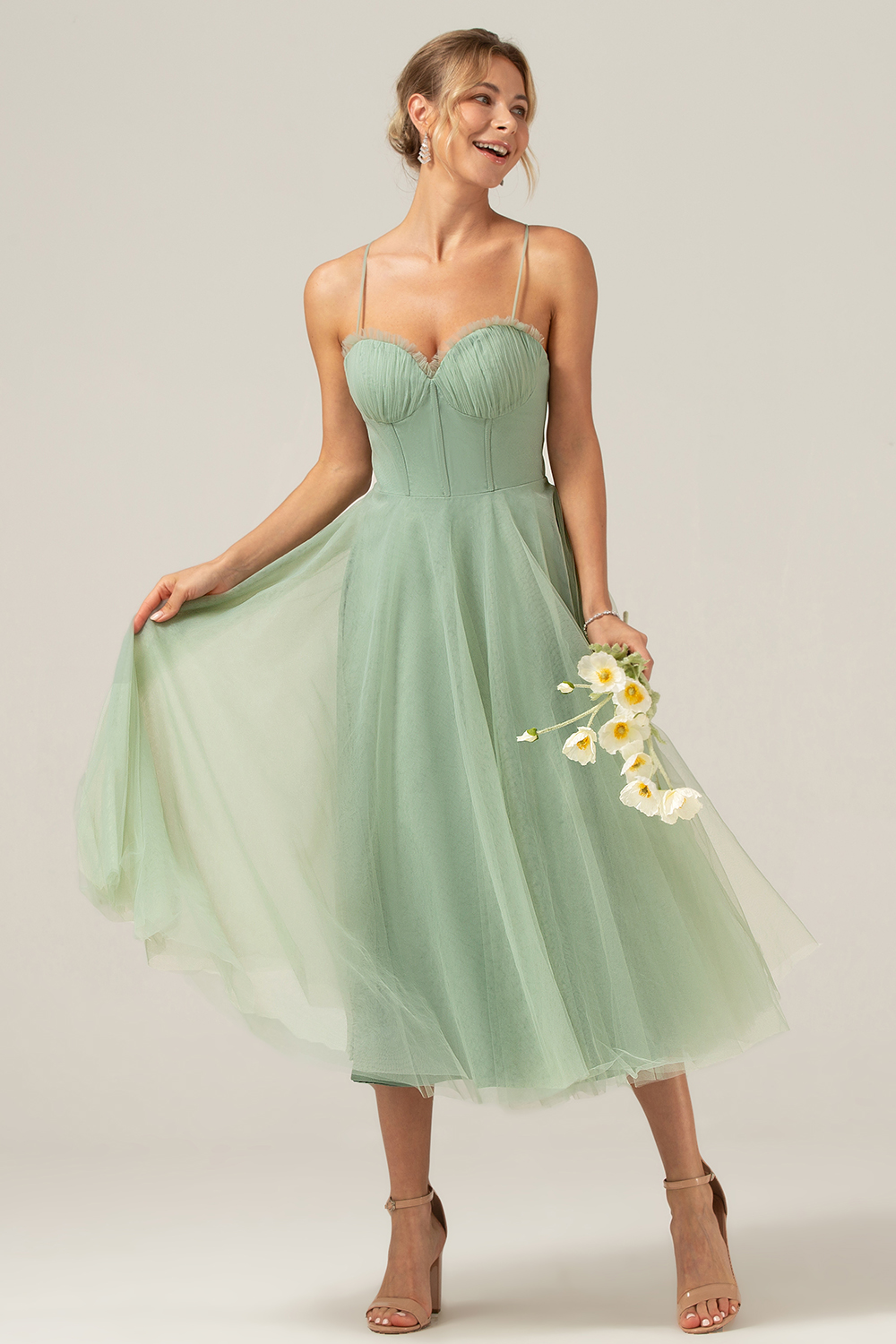 Leely Women Matcha Tea-Length Bridesmaid Dress A-Line Corset Spaghetti Straps Tulle Wedding Guest Dress