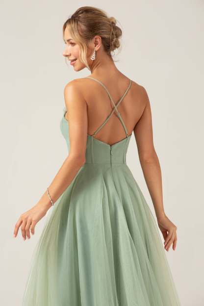 A-Line Matcha Tea-Length Spaghetti Straps Corset Tulle Bridesmaid Dress