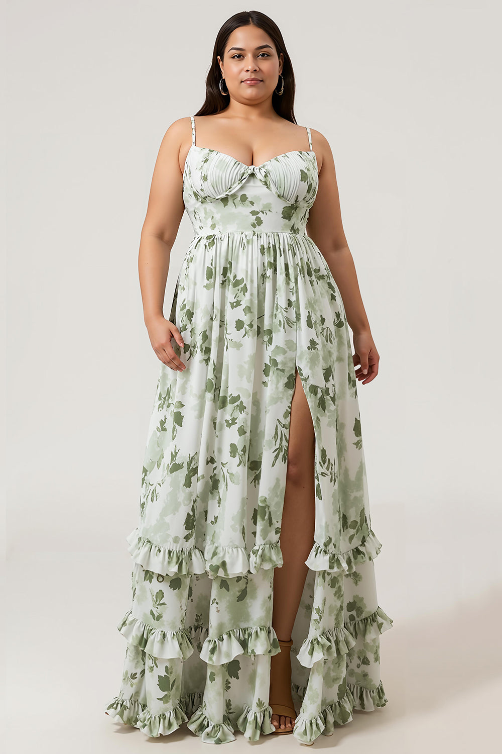 Leely Women Green Plus Size Bridesmaid Dress A Line Spaghetti Straps Floral Pleated Long Wedding Guest Dress With Slit