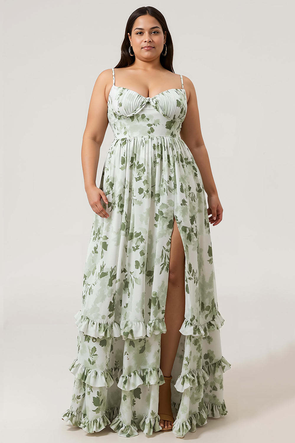 Leely Women Green Plus Size Bridesmaid Dress A Line Spaghetti Straps Floral Pleated Long Wedding Guest Dress With Slit