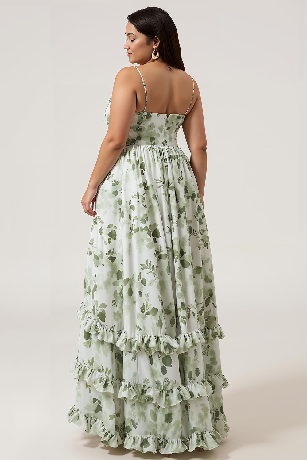 Plus Size Green Ruffled A Line Floral Long Bridesmaid Dress with Slit