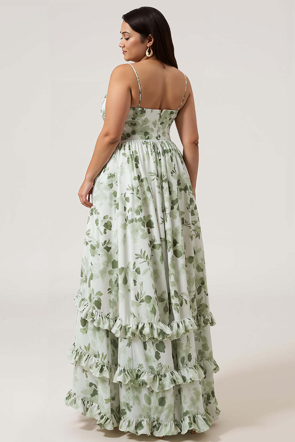 Plus Size Green Ruffled A Line Floral Long Bridesmaid Dress with Slit
