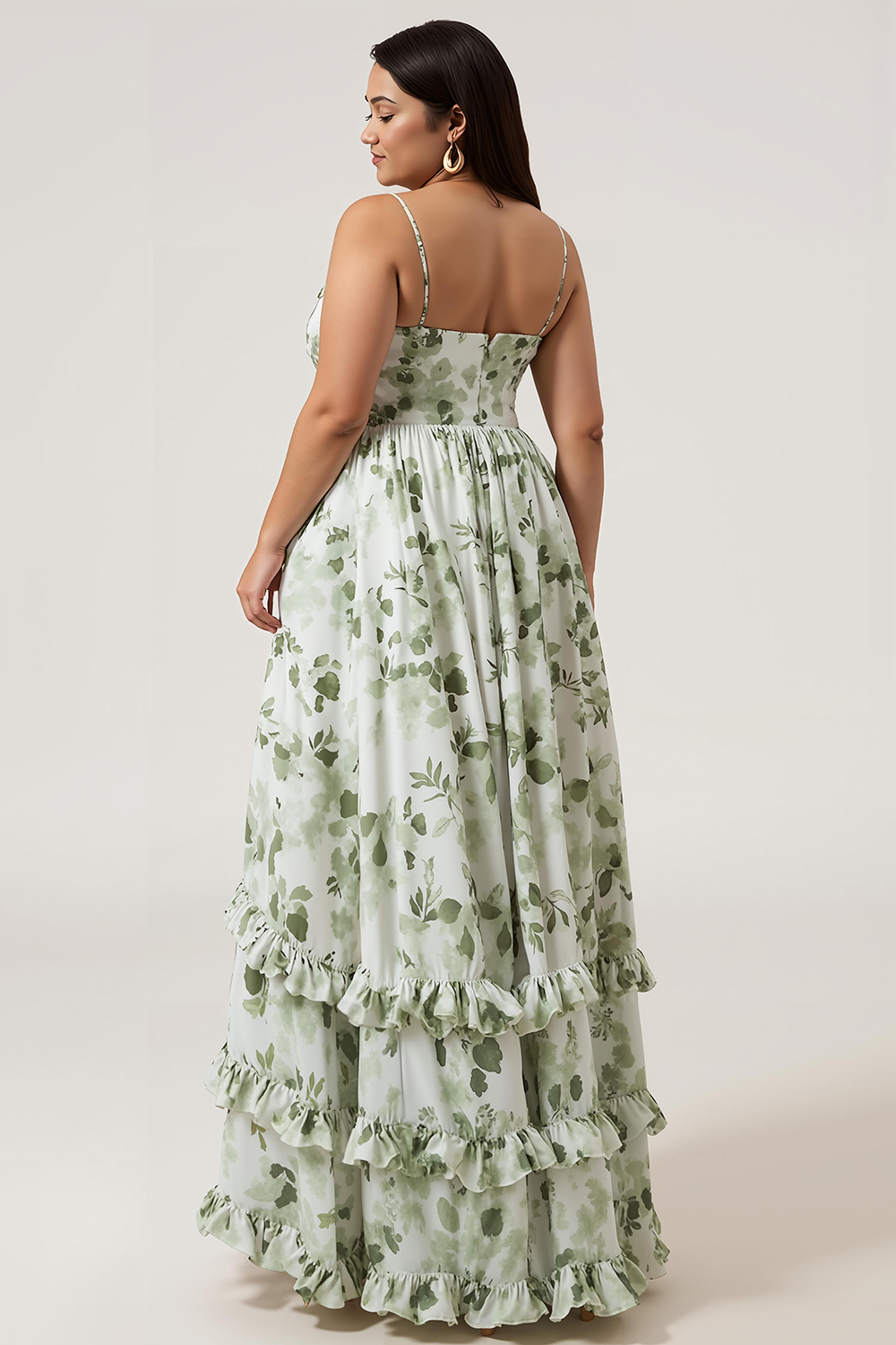 Green A-Line Spaghetti Straps Corset Floral Bridesmaid Dress With Slit