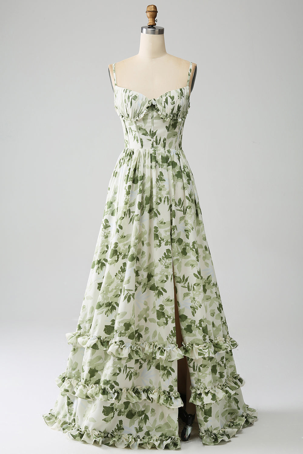 Green Ruffled A-Line Floral Bridesmaid Dress with Slit