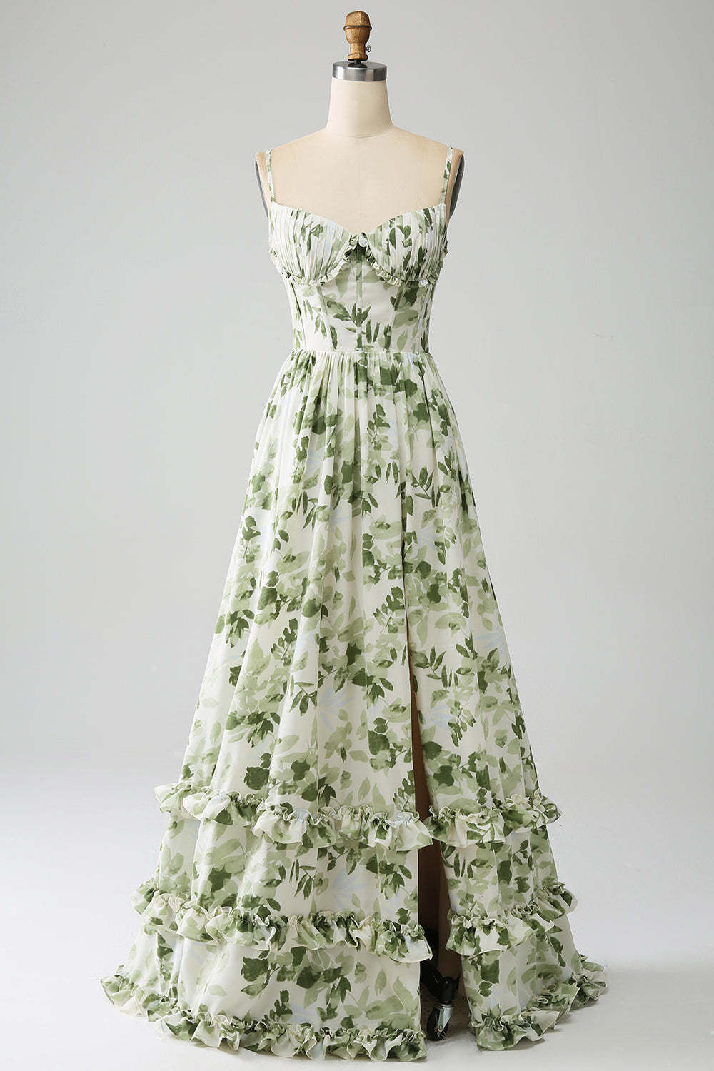 Leely Women Green Prom Dress A-Line Spaghetti Straps Printed Pleated Long Party Dress With Slit