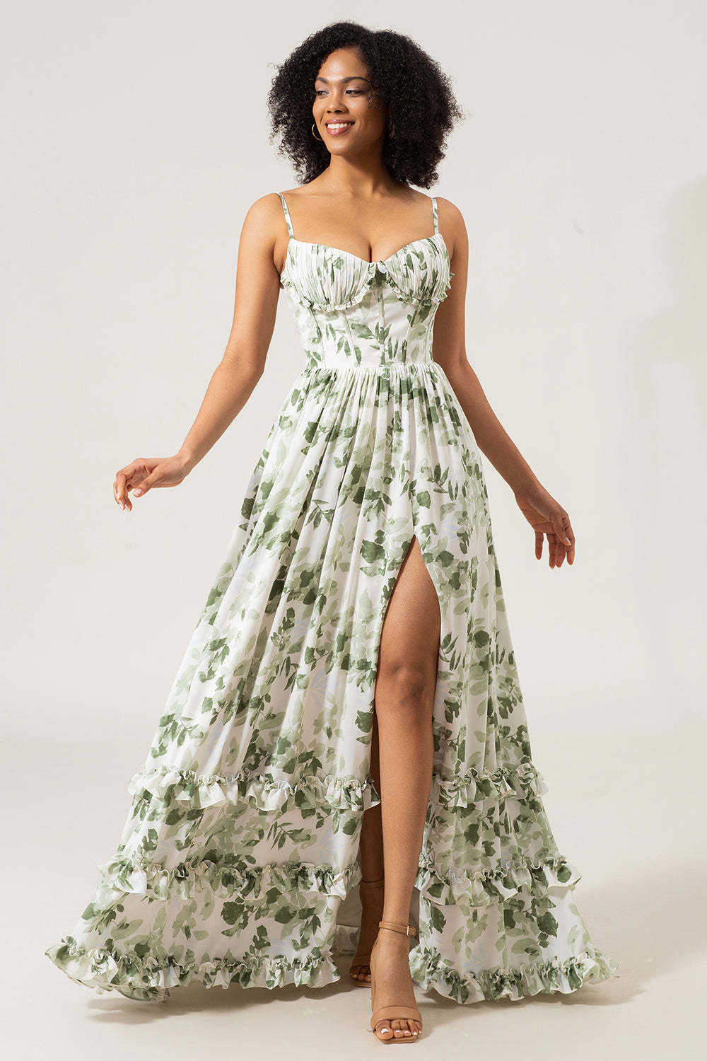 Leely Women Green Prom Dress A-Line Spaghetti Straps Printed Pleated Long Party Dress With Slit