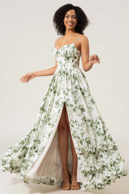 Green A-Line Spaghetti Straps Corset Floral Bridesmaid Dress With Slit