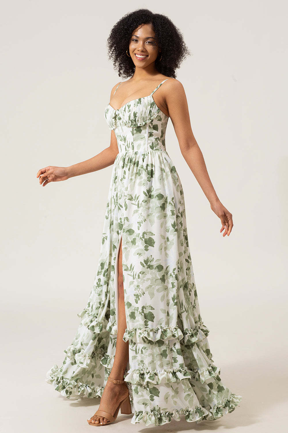 Green A-Line Spaghetti Straps Corset Floral Bridesmaid Dress With Slit