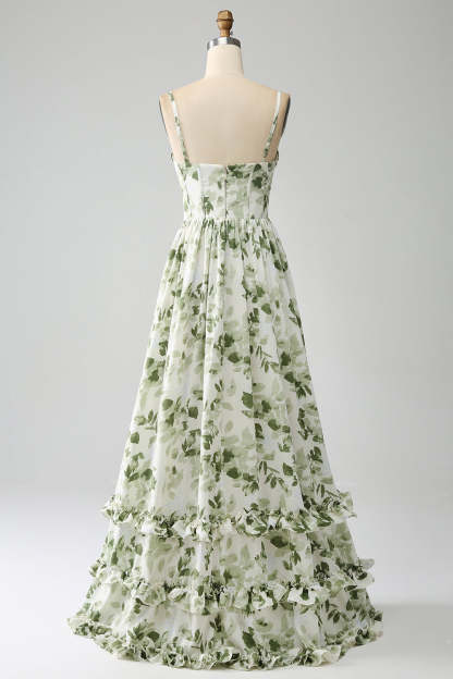 Green Ruffled A-Line Floral Bridesmaid Dress with Slit