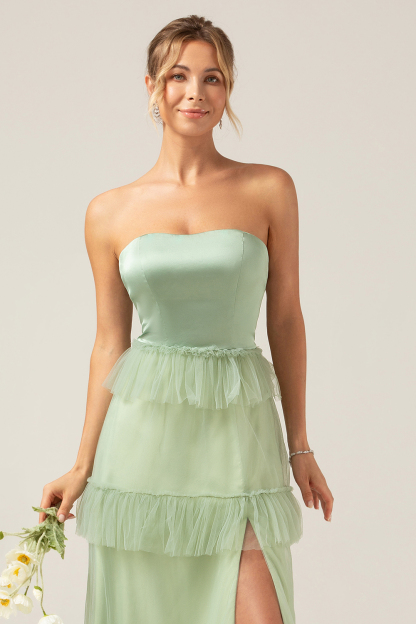 Matcha A-Line Strapless Tiered Long Bridesmaid Dress with Slit